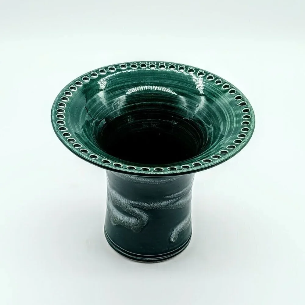 Handmade Barb Lund Green Drip Glazed Perforated Rim Vase